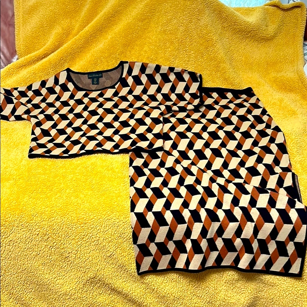 House of Harlow 1960 sweater skirt set. black and brown geometric print